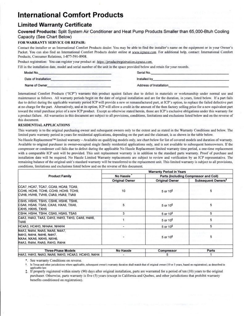 Smart Comfort Warranty Information Air Conductors