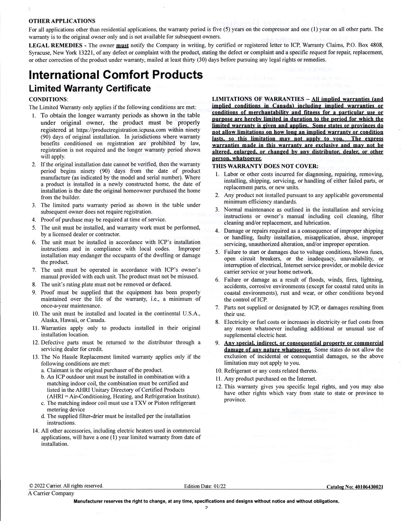 Smart Comfort Warranty Information Air Conductors